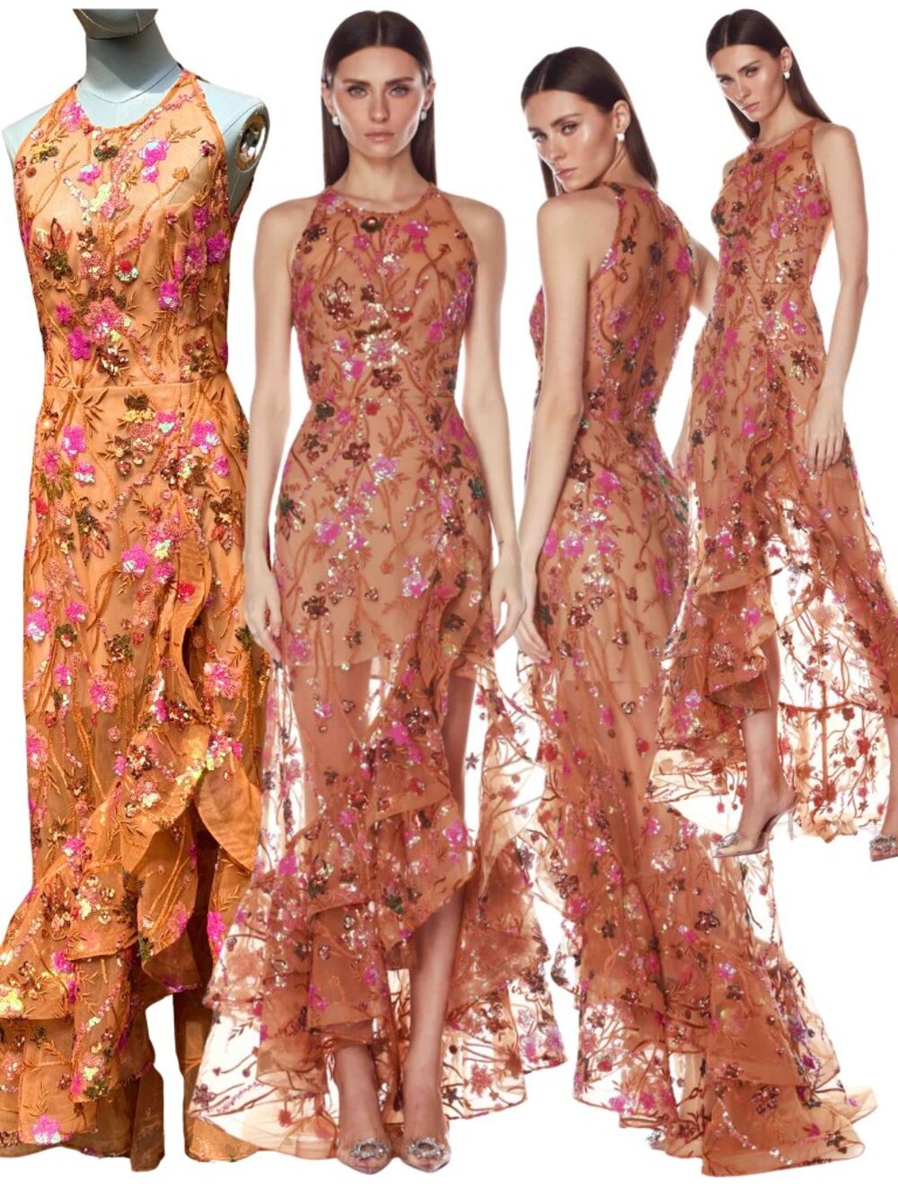 🆕 BRONX & BANCO🧿 NWOT Sicilia Coral Sequin Fluted Hem Maxi Dress, Sz S US 4